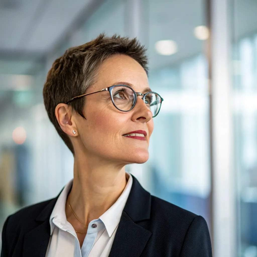 Businesswoman with short hair and glasses